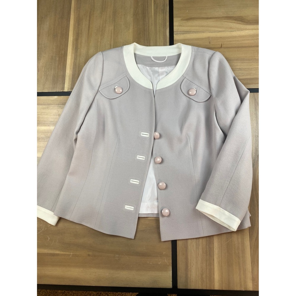 ALGO Designer‎ Light Gray Textured Blazer Jacket Button Front Pearl Detail Women